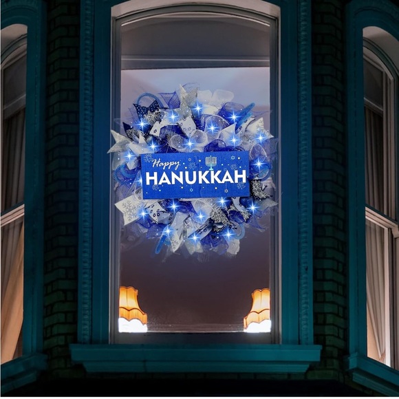 Happy Hanukkah🕎Chanukah🕎Lighted Door 18 inch Wreath w Bows🎀 - Picture 11 of 12